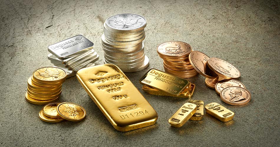 Banner Degussa Goldbarren mit Silber und Goldmünzen